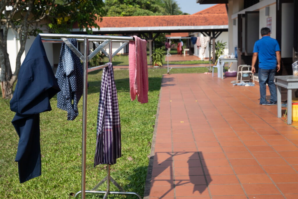 freshly washed laundry hangs from a drying rack at Sonja Kill Memorial Hospital