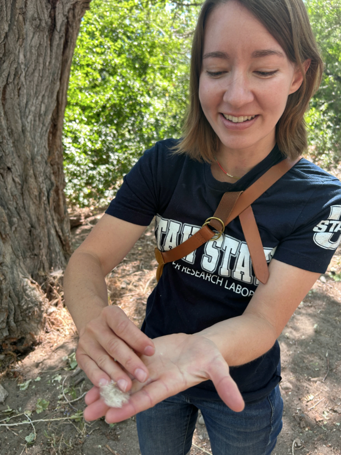 Noelle Patterson shows off cottonwood seedling fluff, exposing the tiny seed inside. Credit: Lupe Alvarez/KUNR
